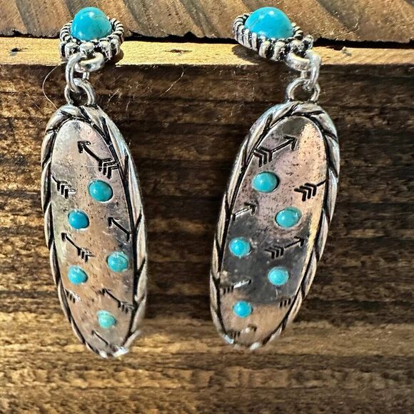 Boho Hippie Cowgirl Western Stamped Stone Earrings - Cactus Thunderbolt Arrows, - Picture 7 of 7
